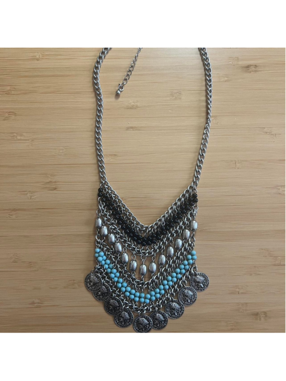 Silver bohemian chain necklace with turquoise beads